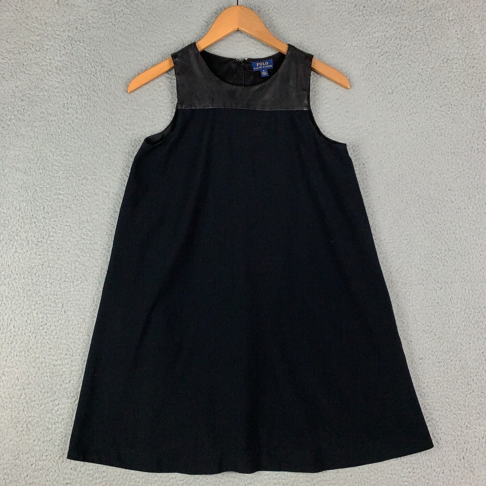 Polo Ralph Lauren Dress Girls 14 Black Crepe Faux Leather Trim Sleeveless A Line